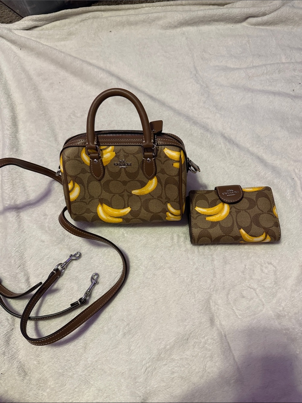 Coach Brown Signature Canvas Mini Satchel with Yellow Banana Print